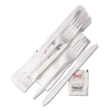 Wrapped Cutlery Kit, 6.25&quot;, Fork/Knife/Napkin/Salt/Pepper, Polypropylene, White, 500/Carton
