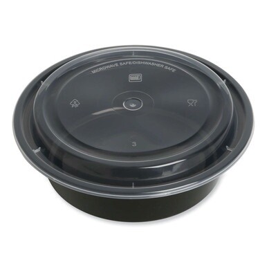 Microwavable Food Container with Lid, Round, 32 oz, 7.28 x 7.28 x 2.55, Black/Clear, Plastic, 150/Carton