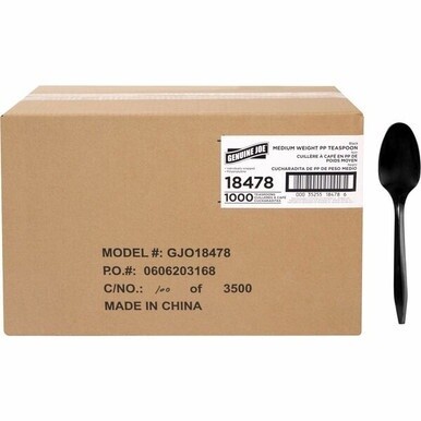 Genuine Joe Medium-weight Individually Wrapped Teaspoons - 1000/Carton - Teaspoon - Breakroom - Disposable - Black