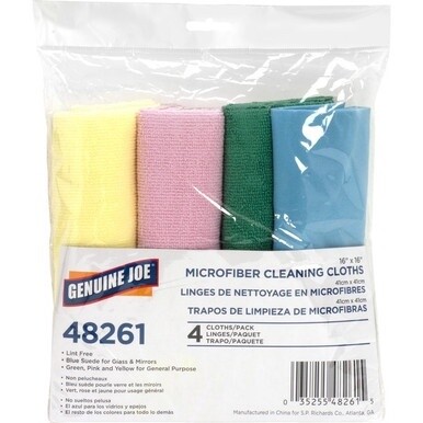 Genuine Joe Color-coded Microfiber Cleaning Cloths - 16&quot; x 16&quot; - Assorted - MicroFiber - Lint-free - For Multipurpose - 4 / Pack