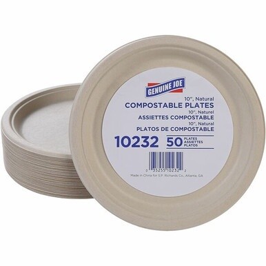 Genuine Joe 10&quot; Compostable Plates - Breakroom, Office - Disposable - White, Natural - Sugarcane Body - 50 / Pack