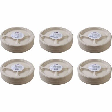Genuine Joe 10&quot; 3-Compartment Compostable Plates - 50 / Pack - Breakroom, Office - Disposable - White, Natural - Sugarcane Body - 10 / Carton