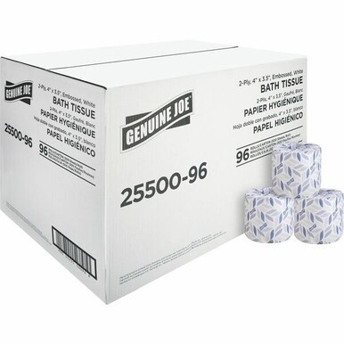 Genuine Joe 2-ply Standard Bath Tissue Rolls - 2 Ply - 4&quot; x 3.20&quot; - 500 Sheets/Roll - 1.63&quot; Core - White - Perforated, Absorbent, Soft - 96 / Carton