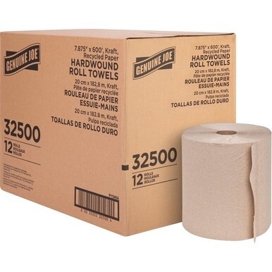 Genuine Joe Embossed Hardwound Roll Towels - 7.88&quot; x 600 ft - 2&quot; Core - Brown - Absorbent - For Restroom - 12 / Carton