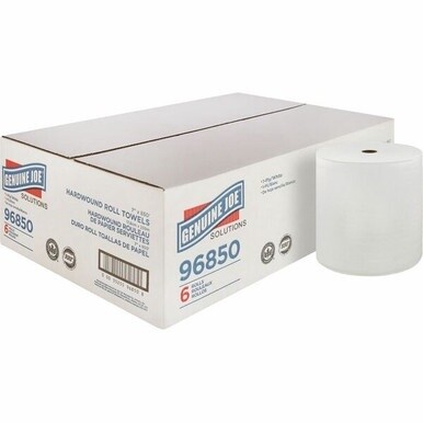 Genuine Joe Solutions Hardwound Paper Towels - 1 Ply - 7&quot; x 850 ft - White - Embossed, Absorbent - 390 / Pallet