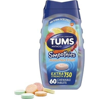 TUMS Smoothies Extra Strength Antacid Chewable Tablet - For Acid Indigestion, Heartburn, Sour Stomach, Upset Stomach - Assorted Fruit - 1 EachBottle