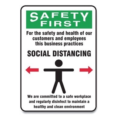 Social Distance Signs, Wall, 7 x 10, Customers and Employees Distancing Clean Environment, Humans/Arrows, Green/White, 10/PK