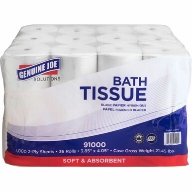 Genuine Joe Solutions Double Capacity Bath Tissue - 2 Ply - 1000 Sheets/Roll - 0.71&quot; Core - White - Virgin Fiber - Embossed, Chlorine-free - For Bathroom - 36 / Carton