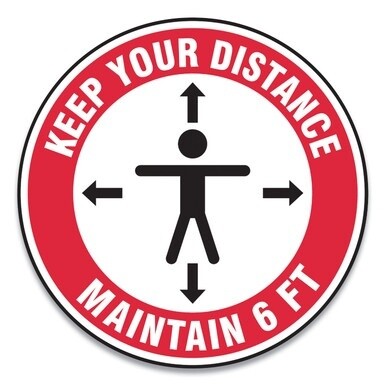 Slip-Gard Social Distance Floor Signs, 12&quot; Circle, &quot;Keep Your Distance Maintain 6 ft&quot;, Human/Arrows, Red/White, 25/Pack