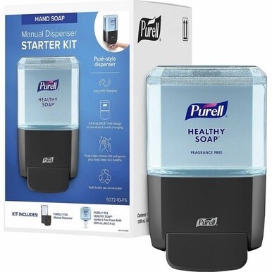 Gojo&amp;reg; ES4 Push-Style Soap Dispenser Starter Kit - 1.27 quart Capacity - Hygienic, Dye-free, Fragrance-free, Refillable, Wall Mountable - Graphite