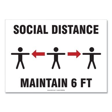 Social Distance Signs, Wall, 10 x 7, &quot;Social Distance Maintain 6 ft&quot;, 3 Humans/Arrows, White, 10/Pack