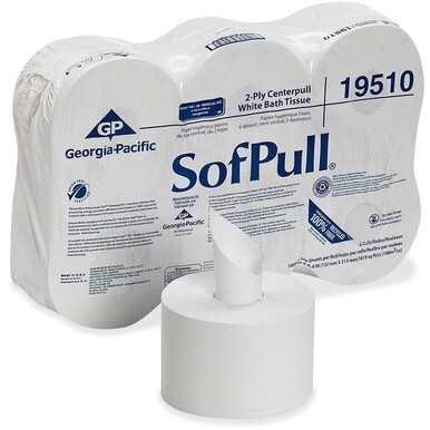 SofPull Centerpull High-Capacity Toilet Paper - 2 Ply - 5.25&quot; x 8.40&quot; - 1000 Sheets/Roll - 8.10&quot; Roll Diameter - White - Perforated, Soft, Chlorine-free, Center Pull - For Bathroom - 6 / Carton