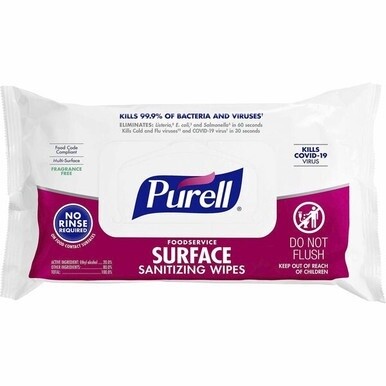 PURELL&amp;reg; Foodservice Surface Sanitizing Wipes - White - Pre-moistened, Easy to Use, Chemical-free, Fragrance-free, Portable, Resealable - For Food Service - 72 / Pack