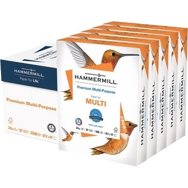 Hammermill Premium Multipurpose Paper- 5 Ream - White - 97 Brightness - Letter - 8 1/2&quot; x 11&quot; - 24 lb Basis Weight - 2500 / Carton - FSC - Jam-free, Smear Resistant, Acid-free, Archival-safe, Quick Dr