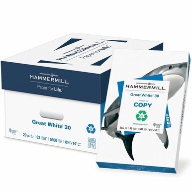 Hammermill Great White 30 Copy Paper - 92 Brightness - 88% Opacity - 8 1/2" x 14" - 20 lb Basis Weight - 75 g/m&amp;#178; Grammage - 10 / Carton - 500 Sheets per Ream - Acid-free, Jam-free - White