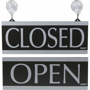Headline Signs Century Series OPEN/CLOSED Sign - 1 Each - Open/Closed Print/Message - 13" Width5" Depth - Silver Print/Message Color - Yes - Reversible, Suction Cup - Gray