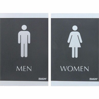 Headline Signs ADA MEN/WOMEN Restroom Sign - 1 Set - Men, Women Print/Message - 6" Width9" Depth - Rectangular Shape - Silver Print/Message Color - Adhesive Backing, Durable, Pictogram, Self-adhesive,