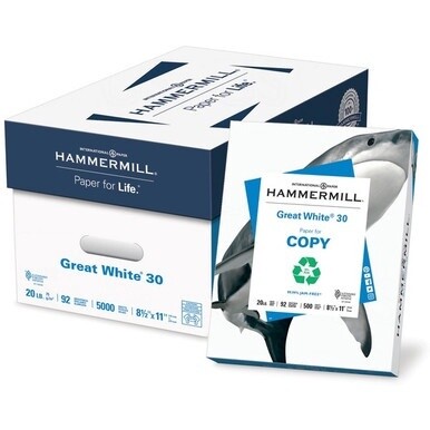 Hammermill Great White Recycled Copy Paper - White - 92 Brightness - Letter - 8 1/2&quot; x 11&quot; - 20 lb Basis Weight - 400 / Pallet - FSC - Acid-free, Archival-safe, Jam-free - White