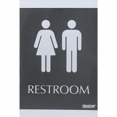 Headline Signs ADA RESTROOM Sign - 1 Each - Restroom Print/Message - 6&quot; Width9&quot; Depth - Rectangular Shape - Silver Print/Message Color - Adhesive Backing, Durable, Pictogram, Self-adhesive, Braille - 