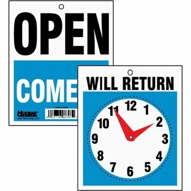 Headline Signs OPEN/WILL RETURN Time Sign - 1 Each - Open, Come In, Will Return Print/Message - 7.5" Width9" Depth - Rectangular Shape - Black, White Print/Message Color - Yes - Customizable Time - Pl