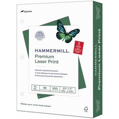 Hammermill Premium 3HP Laser Print Paper - White - 98 Brightness - Letter - 8 1/2" x 11" - 24 lb Basis Weight - Ultra Smooth - 500 / Ream - Sustainable Forestry Initiative (SFI) - White