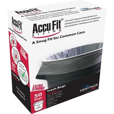 Heritage Accufit Reprime 32 Gallon Can Liners - 32 gal Capacity - 33" Width x 44" Length - 0.90 mil (23 Micron) Thickness - Low Density - Clear - Linear Low-Density Polyethylene (LLDPE) - 50/Box - Gar