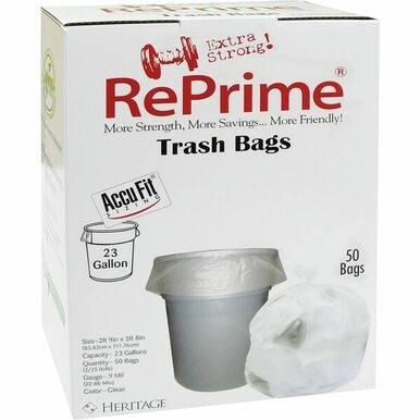 Heritage Accufit RePrime Trash Bags - 23 gal Capacity - 28" Width x 45" Length - 0.90 mil (23 Micron) Thickness - Low Density - Clear - Linear Low-Density Polyethylene (LLDPE) - 50/Box - Waste Disposa