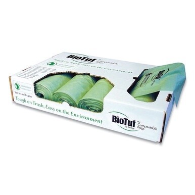 Biotuf Compostable Can Liners, 60 to 64 gal, 1 mil, 47" x 60", Green, 20 Bags/Roll, 5 Rolls/Carton