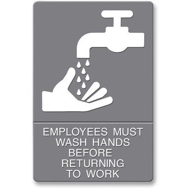 Headline Signs Employees Wash Hands Sign - 1 Each - EMPLOYEES MUST WASH HANDS BEFORE RETURNING TO WORK Print/Message - 6&quot; Width9&quot; Depth - Adhesive Backing, Durable, Pictogram - Plastic - White, Gray