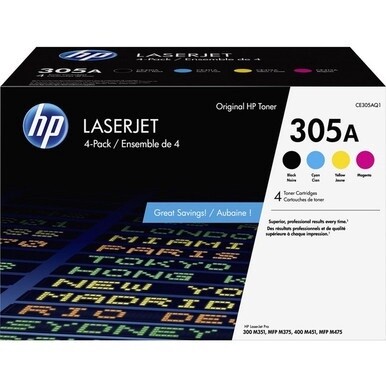 HP 305A (CE305AQ1) Original Laser Toner Cartridge - Combo Pack - Black, Cyan, Magenta, Yellow - 4 / Carton - 1520 Pages Black, 1800 Pages Cyan, 1800 Pages Magenta, 1800 Pages Yellow