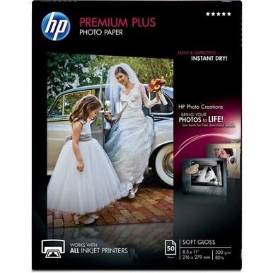 HP Premium Plus Soft Gloss Photo Paper - Letter - 8 1/2&quot; x 11&quot; - 80 lb Basis Weight - Soft Gloss - 1 / Pack - Smudge Proof, Water Resistant, Quick Drying, Fade Resistant - White