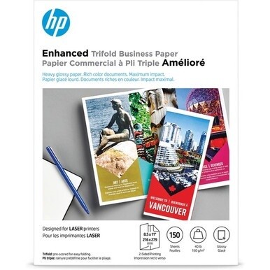 HP Trifold Brochure Paper - White - 97 Brightness - Letter - 8 1/2&quot; x 11&quot; - 40 lb Basis Weight - Smooth, Glossy - 150 / Pack - Double-sided - White