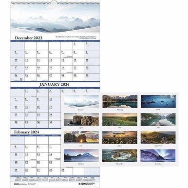 House of Doolittle Scenic 3-month Wall Calendar - Julian Dates - 14 Month - December 2023 - January 2025 - 3 Month Single Page Layout - 12 1/4&quot; x 27&quot; Sheet Size - 1.75&quot; x 1.13&quot; Block - Wire Bound - Wh