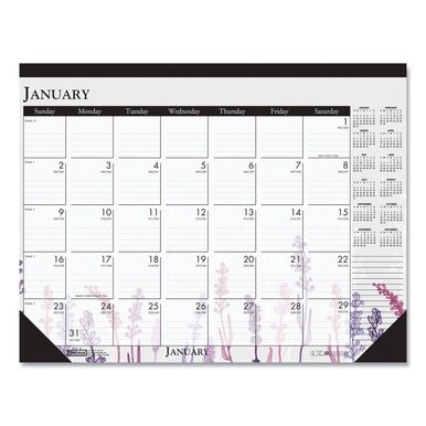 Recycled Desk Pad Calendar, Wild Flowers Artwork, 18.5 x 13, White Sheets, Black Binding/Corners,12-Month (Jan-Dec): 2024