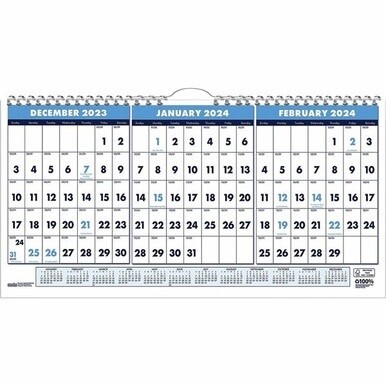House of Doolittle 3-month Horizontal Wall Calendar - Julian Dates - Monthly - 14 Month - December 2023 - January 2025 - 1.13&quot; x 1&quot; Block - Wire Bound - Blue - 8&quot; Height x 17&quot; Width - Reference Calend