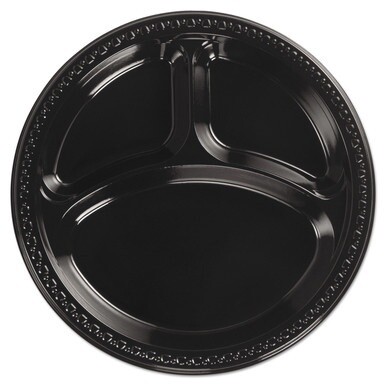 Heavyweight Plastic 3-Compartment Plates, 10.25&quot; dia, Black, 125/Pack 4 Packs/Carton