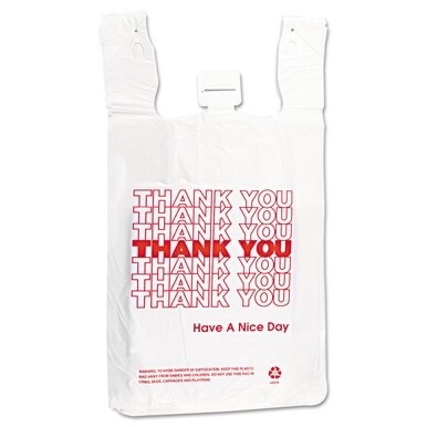 HDPE T-Shirt Bags, 14 microns, 12&quot; x 23&quot;, White, 500/Carton