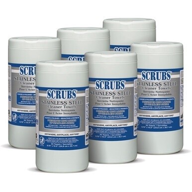 SCRUBS Stainless Steel Cleaner Wipes - For Stainless Steel, Aluminum, Copper, Brass, Chrome - Citrus Scent - 10.50&quot; Length x 9.75&quot; Width - 30 / Canister - 6 / Carton - Corrosion Resistant - Yellow