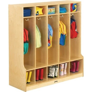 Jonti-Craft 5 Section Step Coat Locker - 50.5&quot; Height x 48&quot; Width x 17.5&quot; DepthFloor - Hanging Hook, Stain Resistant, Sturdy - White - Baltic Birch Plywood - 1 Each