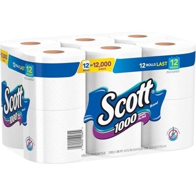 Scott 1000 1-ply 12Roll Bath Tissue - 1 Ply - 3.70&quot; x 4.10&quot; - 1000 Sheets/Roll - White - Absorbent - For Bathroom, Office Building, Public Facilities, School - 12 Each
