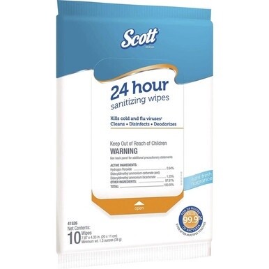 Scott 24 Hour Sanitizing Wipes - Fresh Scent - 7.87&quot; Length x 4.33&quot; Width - 10 / Softpack - 50 / Carton - White