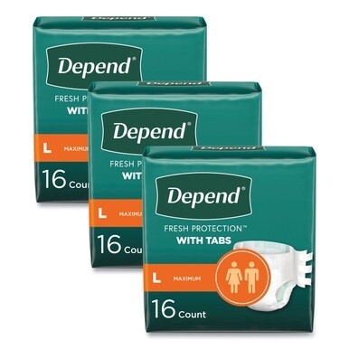 Incontinence Protection with Tabs, 35&quot; to 49&quot; Waist, 16/Pack, 3 Packs/Carton