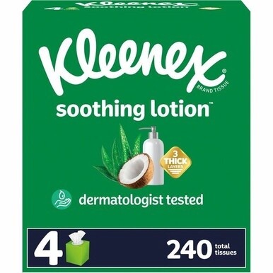 Kleenex Soothing Lotion Tissues - 3 Ply - White - Moisturizing, Soft, Strong - For Face, Home, Office, Business, Skin - 60 Per Box - 4 / Pack