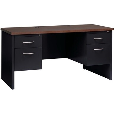Lorell Walnut Laminate Commercial Steel Double-pedestal Credenza - 2-Drawer - 60&quot; x 24&quot; , 1.1&quot; Top - 2 x Box, File Drawer(s) - Double Pedestal - Material: Steel - Finish: Walnut Laminate, Black