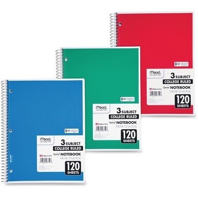 GSA MAS Mead 3-Subject Wire-bound Notebook - Letter-size - 120 Sheets - Spiral - College Ruled - Letter - 8" x 11" - White Paper - Assorted Cover - Back Board - 1 Each