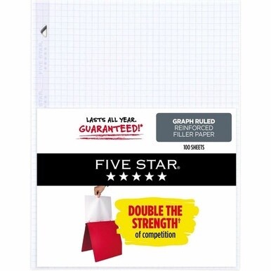Five Star Reinforced Graph-Ruled Filler Paper - 80 Pages - Ruled Margin - Letter - 8 1/2&quot; x 11&quot; - White Paper - Heavyweight, Non-bleeding, Durable, Tear Resistant, Reinforced, Hole-punched - 1
