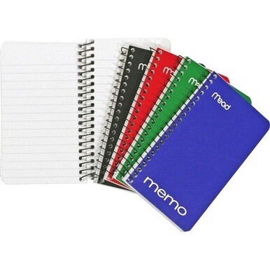 Mead Wirebound Memo Notebook - 60 Sheets - Wire Bound - 15 lb Basis Weight - 3&quot; x 5&quot; - White Paper - Black Binding - AssortedCardboard, Nylon Cover - Stiff-back - 1 Each