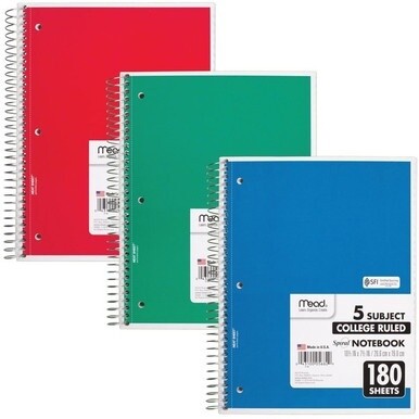 Mead 5-subject Spiral Notebook - 180 Sheets - Wire Bound - College Ruled - 7 1/2&quot; x 10 1/2&quot; - White Paper - Blue, Green, Red Cover - Divider, Compact, Subject - 1 Each