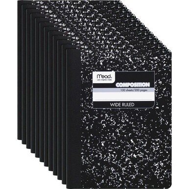 Mead Wide Ruled Composition Notebook - 100 Sheets - Sewn - 7 1/2&quot; x 9 3/4&quot; - White Paper - Black Marble Cover - 12 / Carton