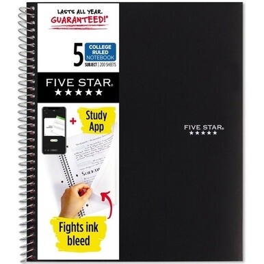 Five Star Notebook - 5 Subject(s) - 200 Sheets - Wire Bound - College Ruled - 3 Hole(s) - Letter - 8 1/2&quot; x 11&quot; - Black Cover - Bleed Resistant, Pocket, Perforated, Water Resistant, Spiral Lock, Acid-